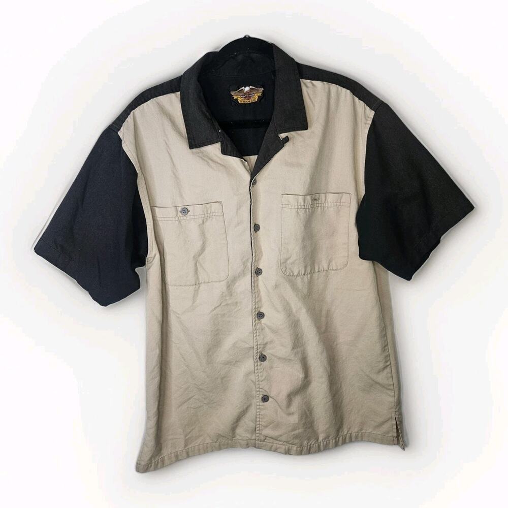 Vintage Harley Davidson Button Up Short Sleeve Shirt Mechanic Motorcycle Mens XL